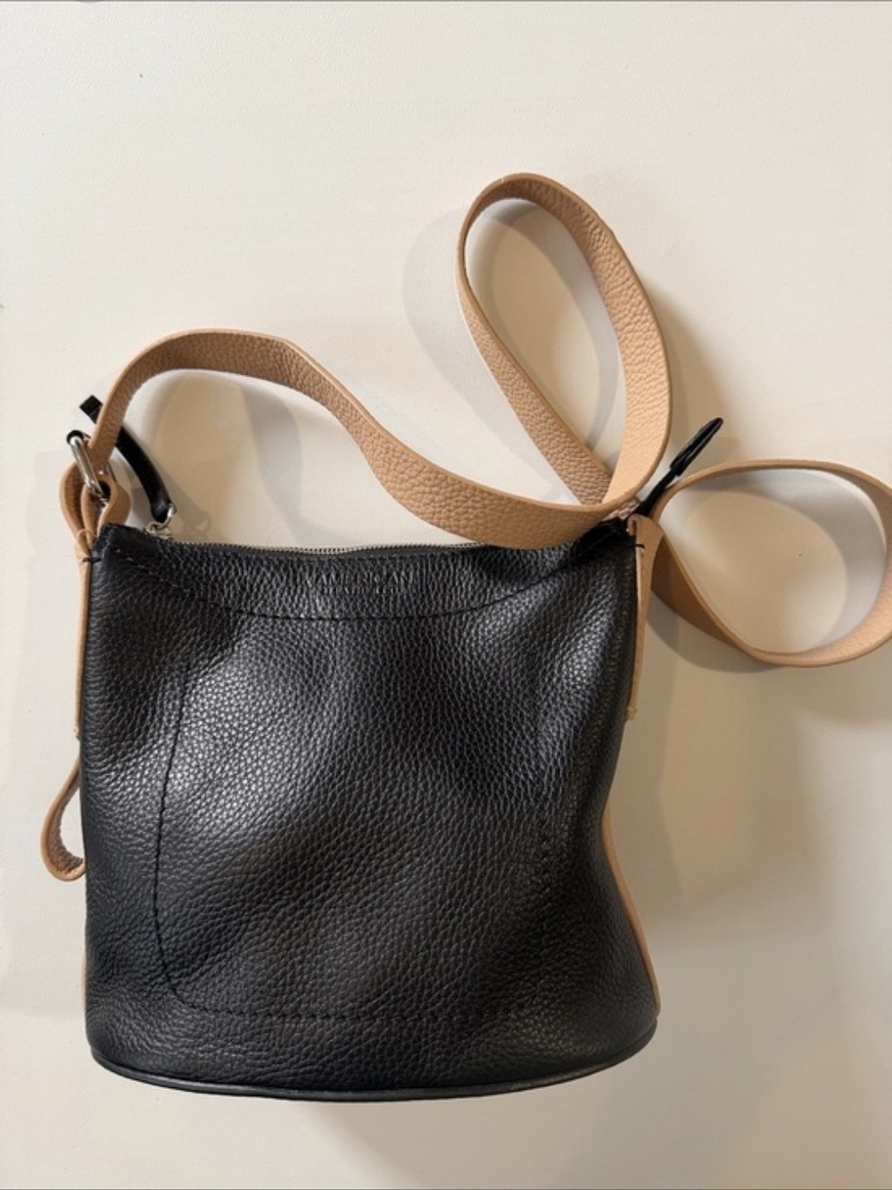 Two-Tone Black Leather Crossbody Bag with Tan Strap